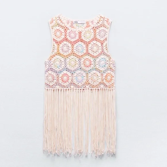 ZARA FRINGED CROCHET KNIT VEST
